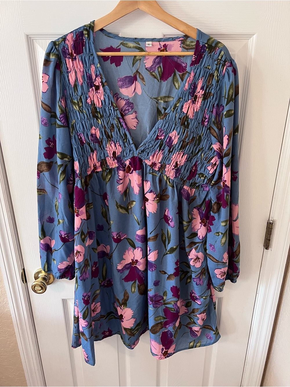 Floral Smocked Babydoll Dress Blue/Pink LongSleeved Vneck Tunic Mini Cottagecore